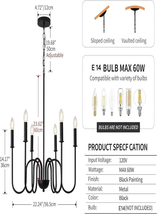 WOKE Chandelier Light for Ceiling | 6 Light Modern Hanging Lamp, Jhoomar for Living & Dining Room (Black Metal, E14 Holder, Adjustable Chain) (Bulb not Included) - Image 4